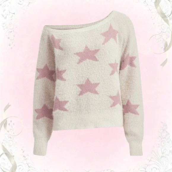 ROMWE Cream Fuzzy Sweater with Pink Star Print - Size L - Picture 1 of 3